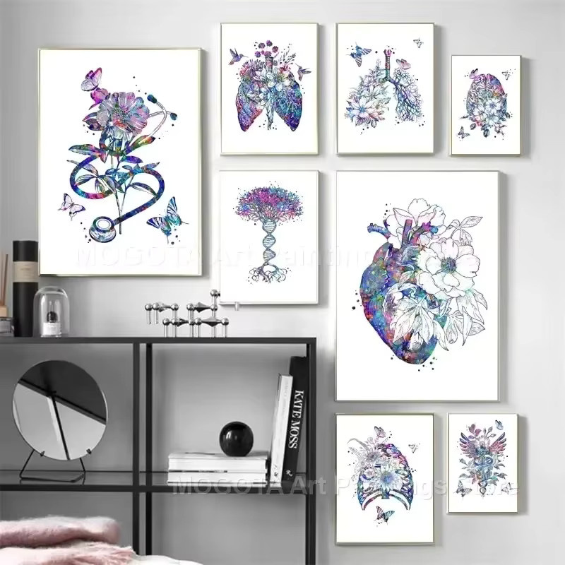 Potdemiel Anatomie Wandkunst Leinwandbild mit Aquarell Blumen und Organen wie Herz, Gehirn, Lunge und DNA in Mehrfarbig - Bild 3