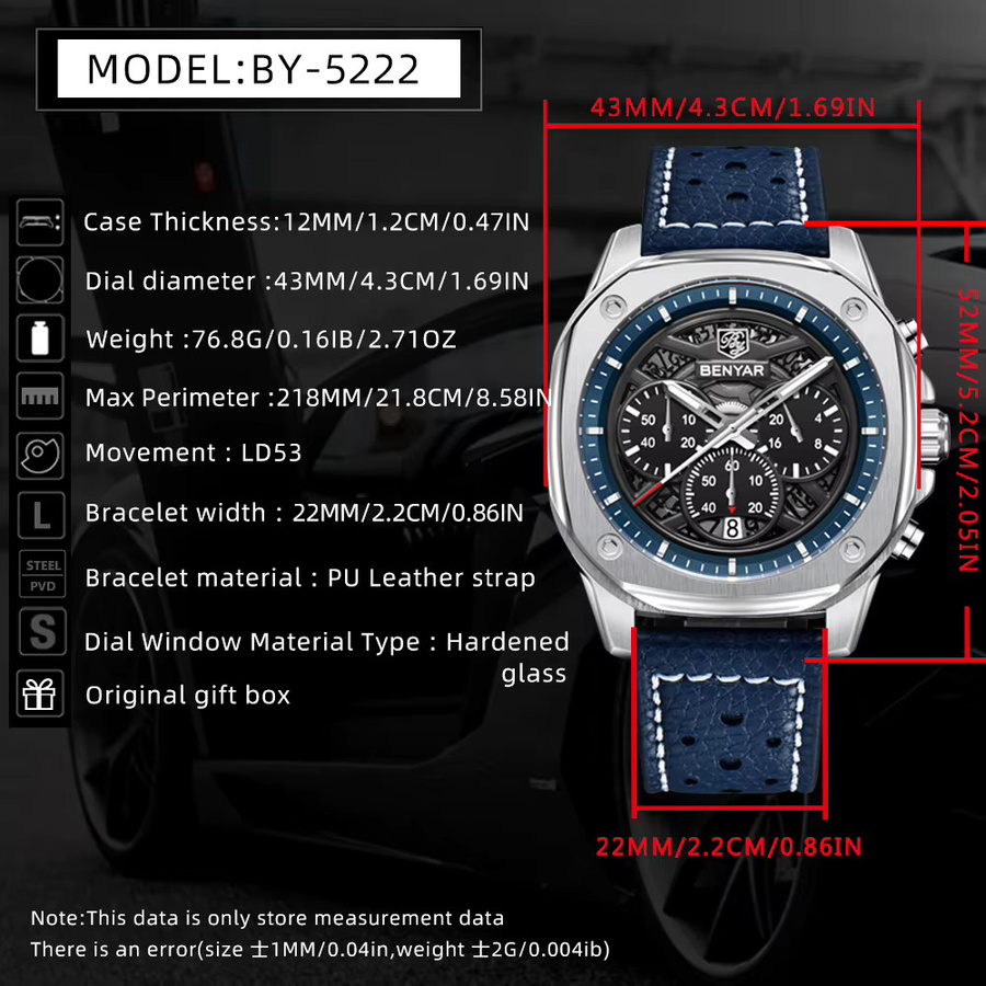 BENYAR Chronograph, Quarz, Edelstahl, Leder, Schwarz, Herren - Bild 6
