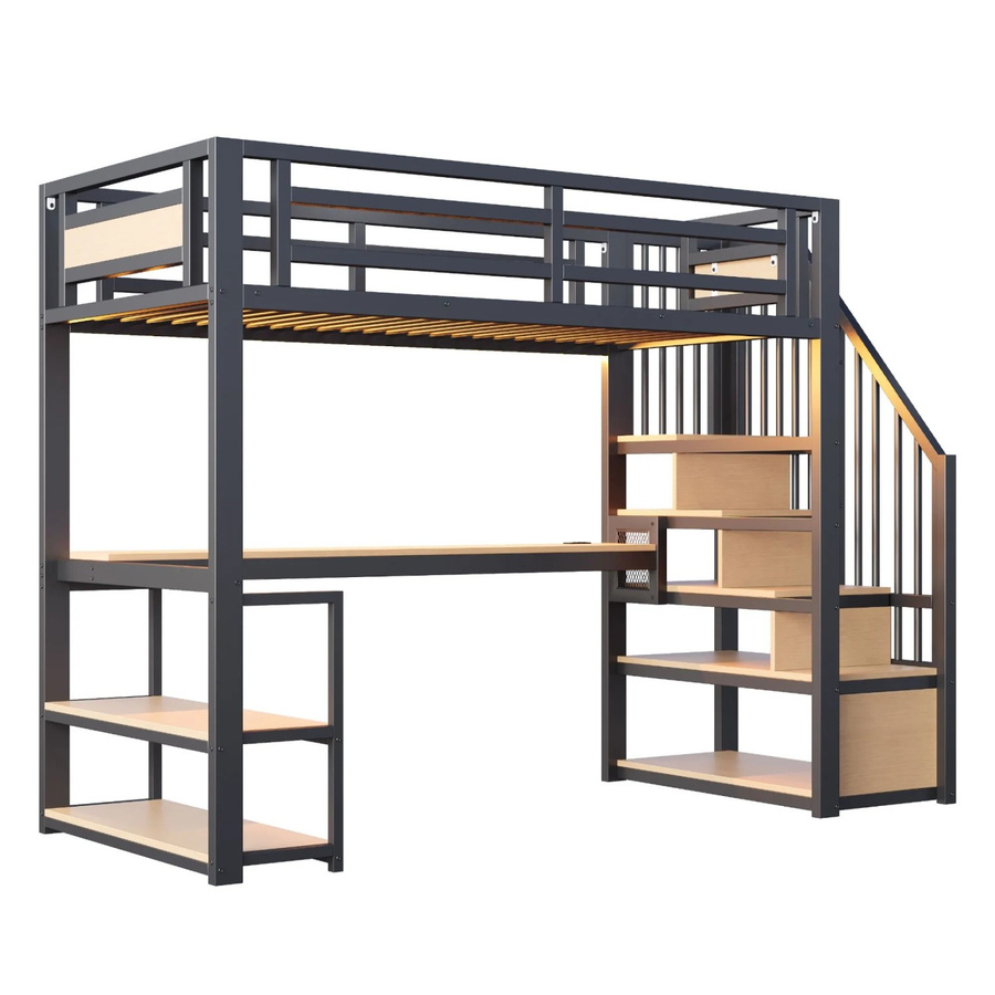 Merax Hochbett für Kinder in Schwarz mit LED-Beleuchtung, USB-Ladeport und integriertem Tisch, B/T/H: 255 x 90 x 200 cm - Bild 2