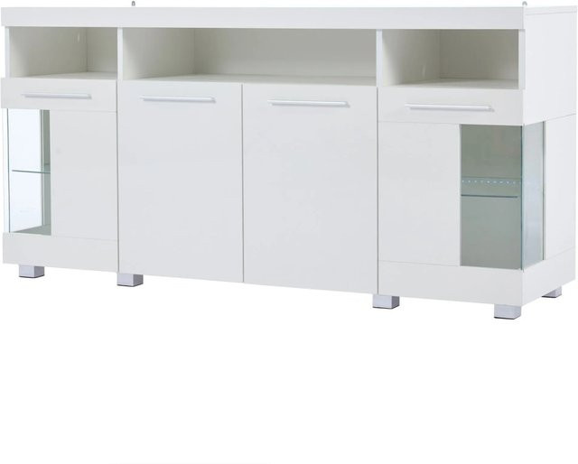 okwish Sideboard mit LED und Hochglanz-Glasfächern für dein Wohnzimmer, Weiß, B/T/H: 140 x 40 x 70 cm - Bild 1