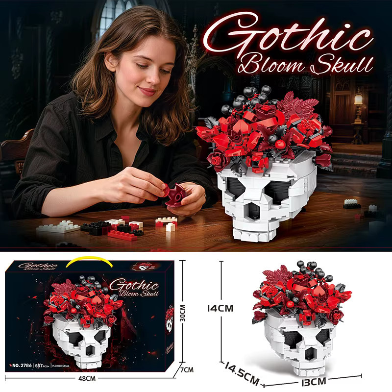 Gotischer Totenkopf-Blumen-Bausatz, 557 Teile, DIY Horror-Rosenstrauß - Bild 3
