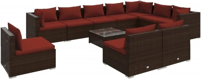 vidaXL 11-teiliges Garten-Lounge-Set in U-Form aus braunem Poly-Rattan mit Kissen und Glastisch - Bild 1