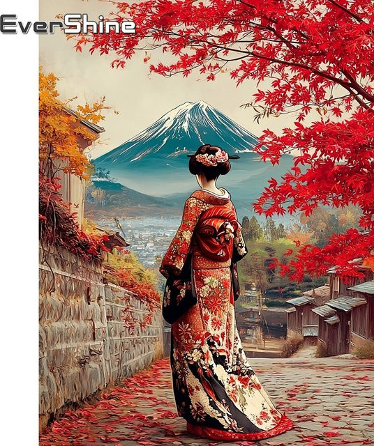 Evershine Diamantmalerei Mount Fuji Landschaft mit Ahornblättern als 5D Mosaik DIY Stickerei in Multicolour, Breite: 30,0 cm, Höhe: 30,0 cm - Bild 1