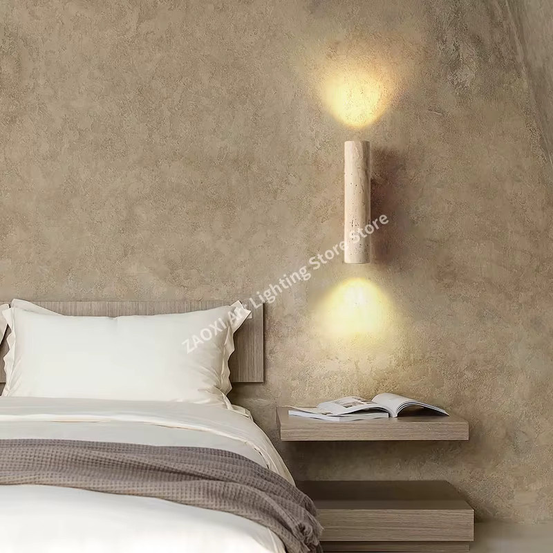 ZAOXI LED Wandleuchte im Vintage Design aus Travertin Stein und Holz in Gelb und Beige - Bild 2