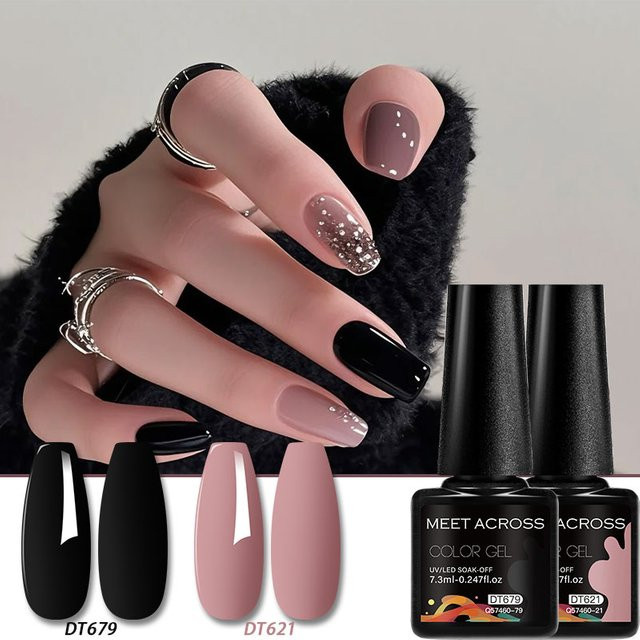 MEET ACROSS Gel-Nagellack-Set, Rosa und Schwarz, Glänzend, 2 Stück - Bild 1
