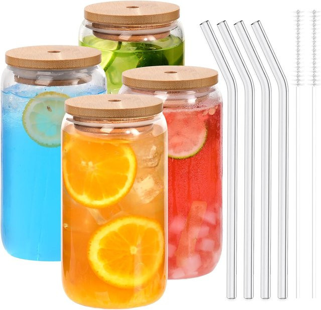 KEMORELA Trinkgläser in Dosenform aus Glas mit Bambusdeckel und Glasstrohhalm, transparent, 540 ml - Bild 1