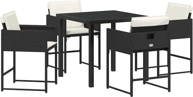 vidaXL Garten Essgruppe aus Poly Rattan in Schwarz mit 5-teiligem Set, Tisch mit Sicherheitsglas und Kissen für Garten, Terrasse oder Patio - Bild 1