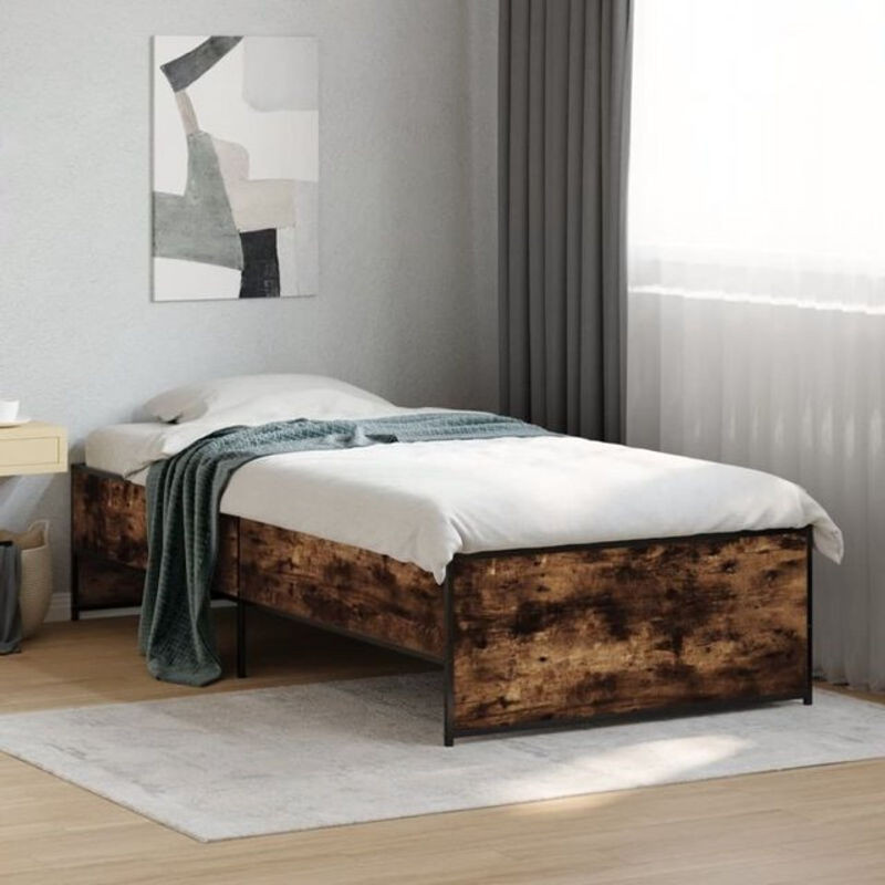 Vidaxl Einzelbett Bettgestell in Räuchereiche Braun aus Holz und Stahl im Industrial Design B/T: 75 x 190 cm - Bild 1
