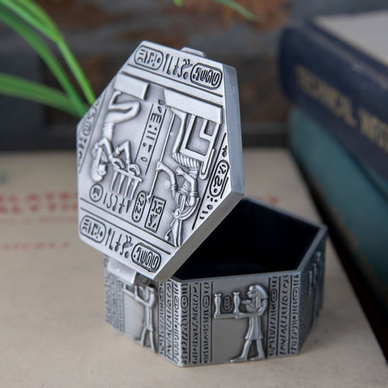 Vintage Schmuckschatulle aus Metall in Silber mit Ägypten Totem Motiven als Aufbewahrungsbox und Organizer - Bild 1