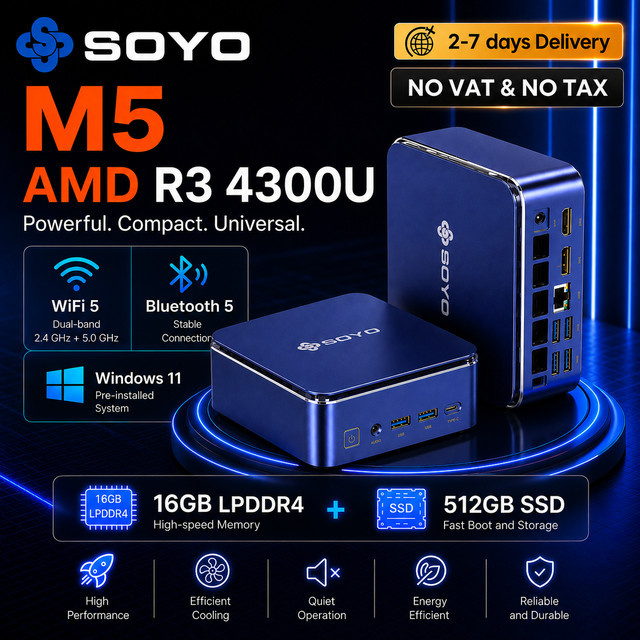 SOYO M5 Mini-PC mit AMD Ryzen 4300U, 16GB LPDDR4, 512GB SSD, Windows 11 Pro, 4K Triple Display, Blau - Bild 1