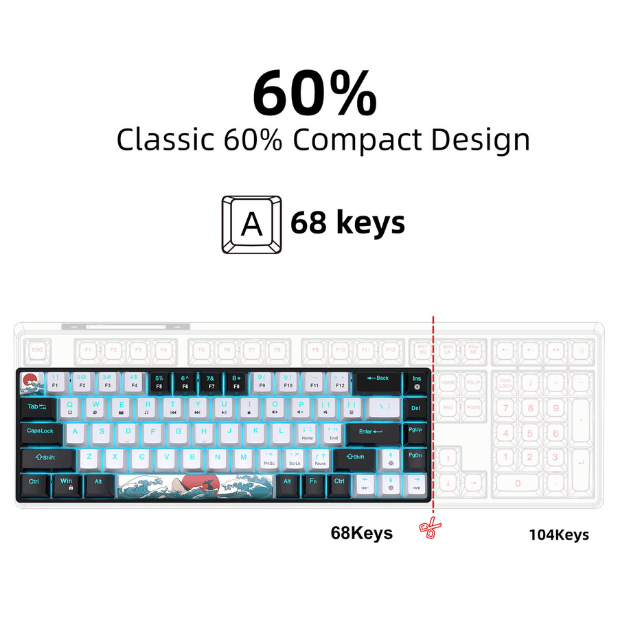 HXSJ Mechanische Gaming-Tastatur mit 68 Tasten und LED-Hintergrundbeleuchtung in Blau/Weiß mit Blue Switches - Bild 2