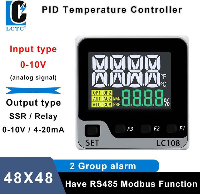 LCTC PID-Temperaturregler LC108 mit LCD-Display, SSR/Relais/4–20 mA/0–10 V Ausgang, RS485, B/H: 48 x 48 mm - Bild 1