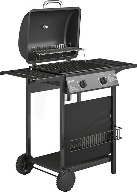 Outsunny Gasgrill mit 2 Brennern und 5 KW Leistung aus Edelstahl inklusive Seitentisch, Unterkorb, Thermometer und Rollen für Balkon und Party von Aosom - Bild 1