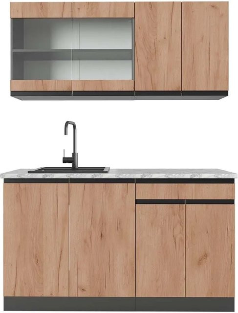 Vicco R-Line Singleküche Goldkraft Eiche/Anthrazit mit Marmor Opt, Breite: 140 cm - Bild 1