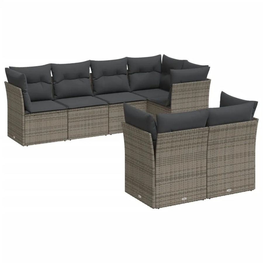 vidaXL 7-tlg. Garten-Sofagarnitur in L-Form aus Poly Rattan und pulverbeschichtetem Stahl in Grau mit Sitzkissen und Rückenkissen - Bild 2