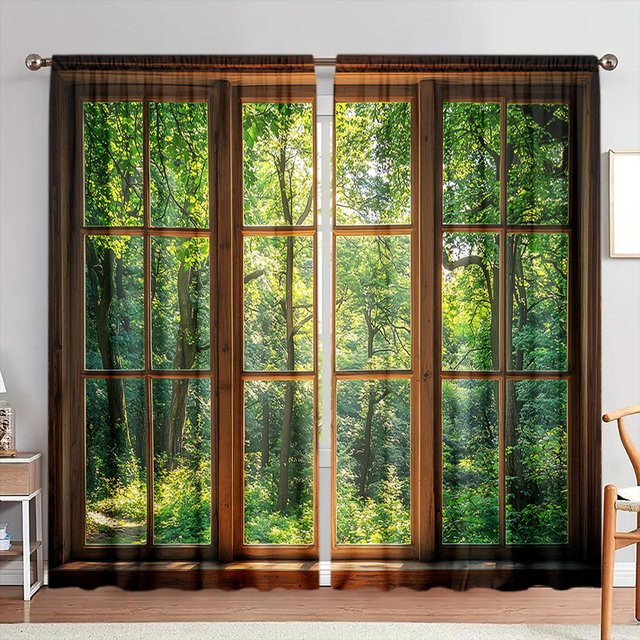 2er-Set dekorative Vorhänge Decorate The Forest Outside in Grau, halbtransparent mit Naturmotiv und Stangentaschen, Breite: 52,5 cm, Höhe: 116 cm - Bild 1