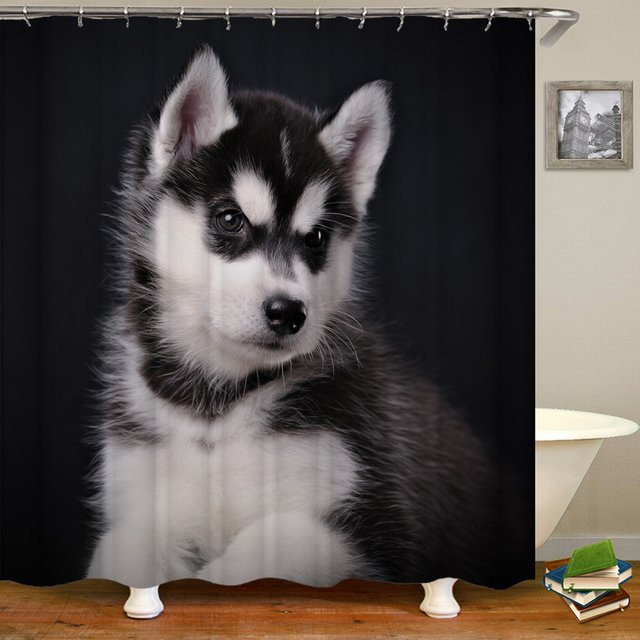 Duschvorhang mit Sibirischem Husky Motiv für Weihnachten, Farbe: Schwarz, B/H: 180 x 180 cm - Bild 1