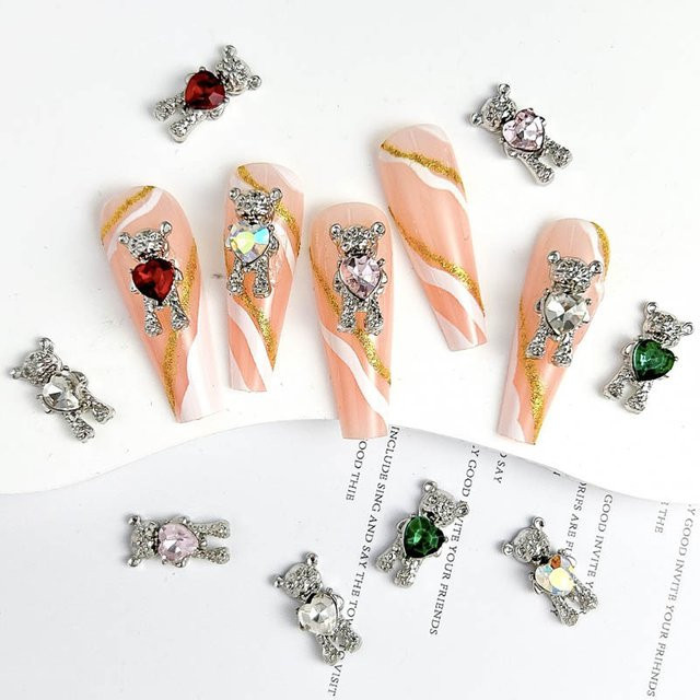 10 Stück Bär Nagel Charms 3D Legierung, Teddybär Herz Diamant Nail Art Zubehör - Bild 1