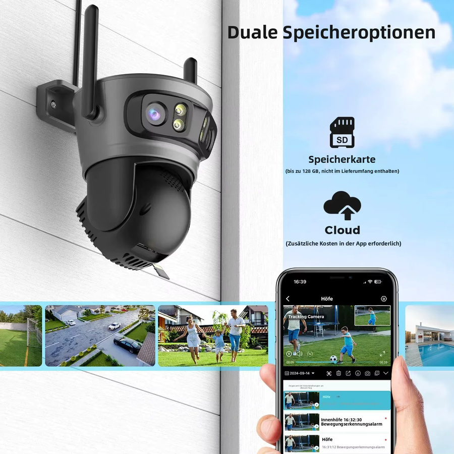 Abuntu 2er Set 8K PTZ WLAN-Sicherheitskamera mit Drei Linsen und Drei Bildschirmen, Außenüberwachungskamera mit Menschenerkennung in Schwarz, 2,4G/5G Wi-Fi, kompatibel mit O-KAM PRO APP - Bild 5