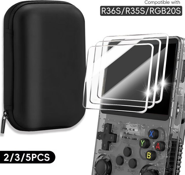 TECTINTER Zubehör-Set für R36S Handkonsole mit Displayschutzfolie aus gehärtetem Glas und tragbarer Aufbewahrungstasche in Transparent - Bild 1