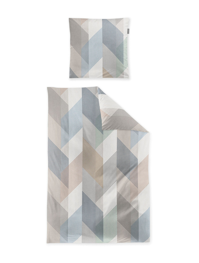 Irisette Wave Mako-Satin Bettwäsche mit Rauten und Streifen in Beige, Blau und Grün, B/H: 155 x 220 cm mit Kissenbezug 80 x 80 cm - Bild 1
