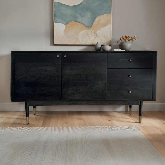 Sideboard FineBuy Anrichte aus Massivholz in Schwarz mit Türen und Schubladen, Breite: 160 cm - Bild 1