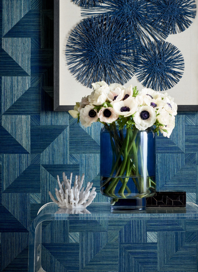 Thibaut Tapete Bali Weave in Navy Blau mit geometrischem Sisal-Design - Bild 1