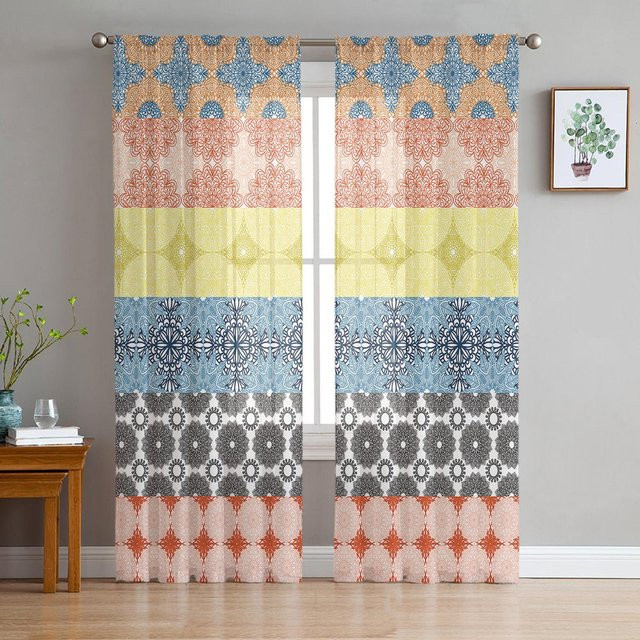 A Family Of Home Textiles Transparenter Tüll-Vorhang im ethnischen Stil, Beige/Mehrfarbig, B: 135 cm, H: 114 cm - Bild 1