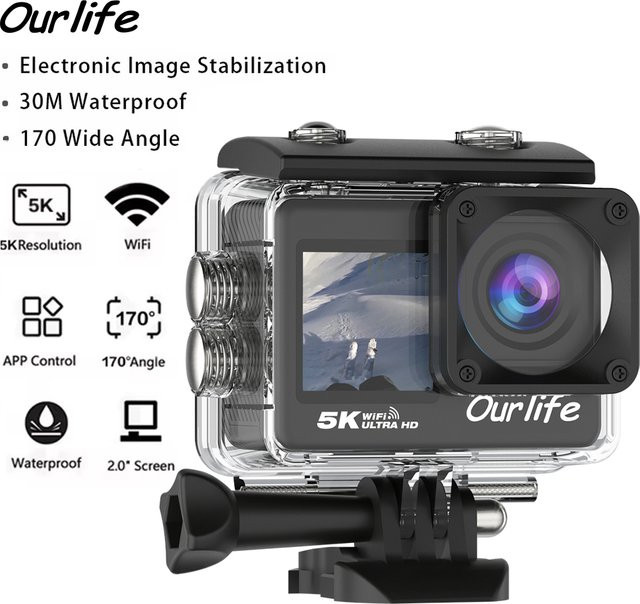 Ourlife MTR60 5K Actionkamera mit 2,0 Zoll Touchscreen, EIS, 170 Grad Sichtfeld, WiFi und Fernbedienung in Schwarz - Bild 1