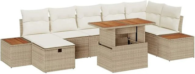 vidaXL Garten-Sofa-Set 8-teilig aus Poly Rattan und Akazienholz in Beige mit Polstern und Tisch - Bild 1