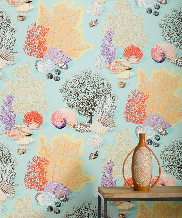 Manuel Canovas Tapete Byron Bay in Turquoise und Orange mit floralem Naturdesign aus Vlies - Bild 1