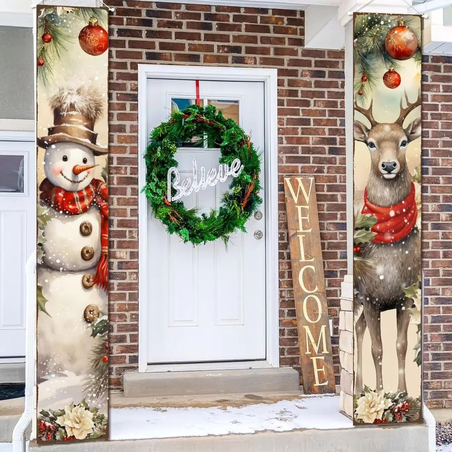 VIKAMA Weihnachts Türbanner mit Schneemann und Hirsch für Indoor und Outdoor als Willkommensschild zur Weihnachtsdekoration - Bild 4