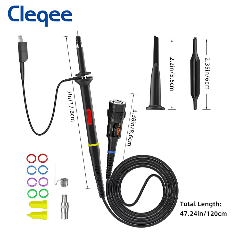 Cleqee P2200 Oszilloskop-Tastkopf Set 2 Stück, 200 MHz, 10:1 Sonde mit BNC-Messleitungsklemmen, Schwarz - Bild 4