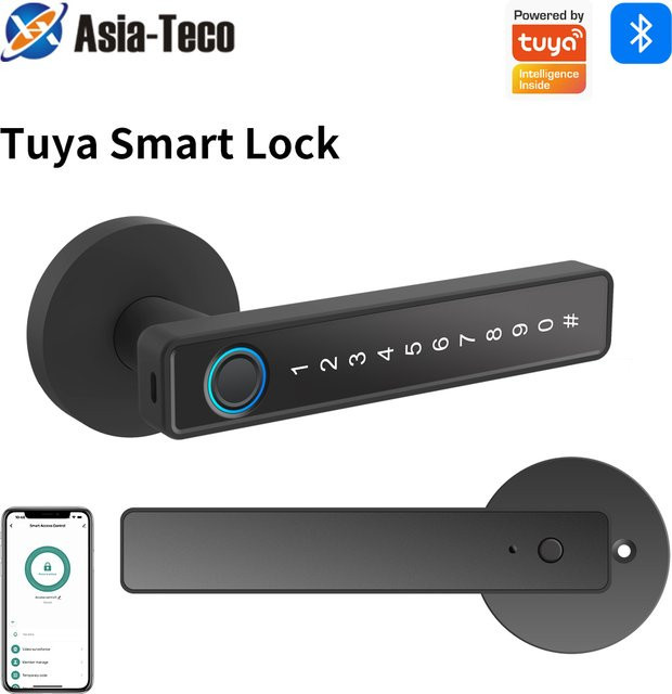 TTLock intelligentes biometrisches Fingerabdruck-Türschloss mit Bluetooth-Unterstützung, Tuya-App, schlüssellosem Zugang und elektronischem Passwortgriff in Schwarz von Asia-Teco - Bild 1