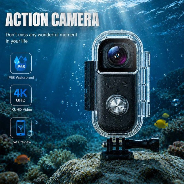 4K Mini Action-Kamera IPX8 tiefwasserdicht in Schwarz für Outdoor-Sport und Tauchen - Bild 1