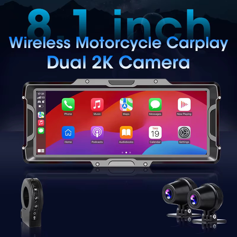 Jansite Wireless CarPlay Motorrad DVR mit 8,1 Zoll Display, 4K Digital Kamera, GPS Navigation und Android Auto in Schwarz - Bild 2