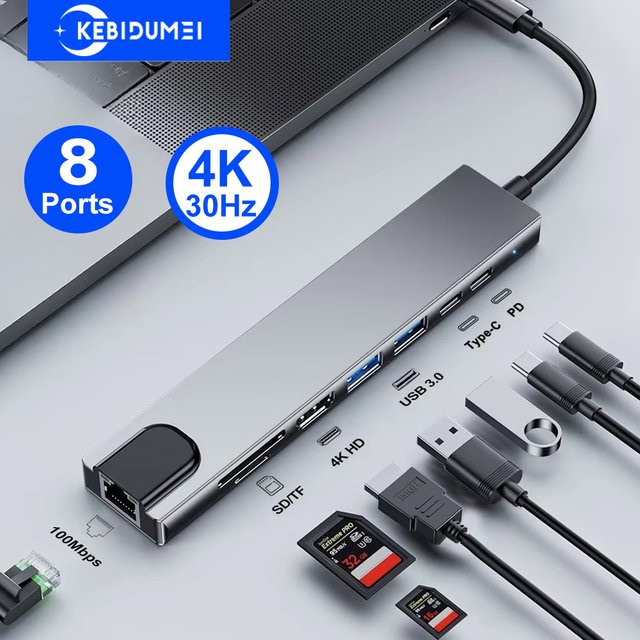 KEBIDUMEI 8-in-1 USB-C Dockingstation in Grau mit 4K HDMI, USB 3.0 5Gbps und RJ45 Ethernet Anschluss - Bild 1