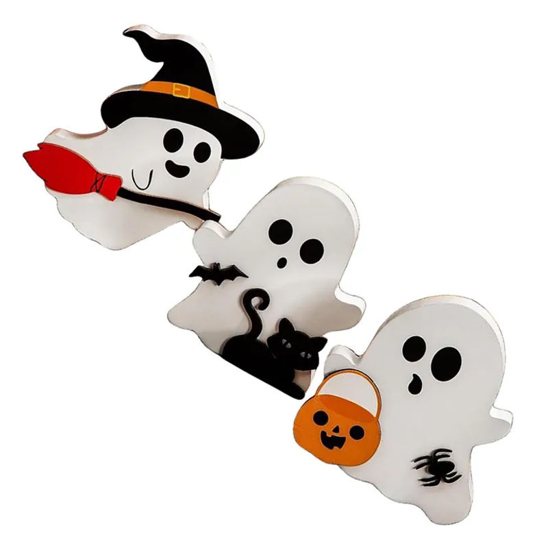3er Set Halloween Deko aus Holz mit Geistern, Schwarzer Katze, Fledermaus und Hexe von OutsideWorld in Weiß und Schwarz - Bild 6