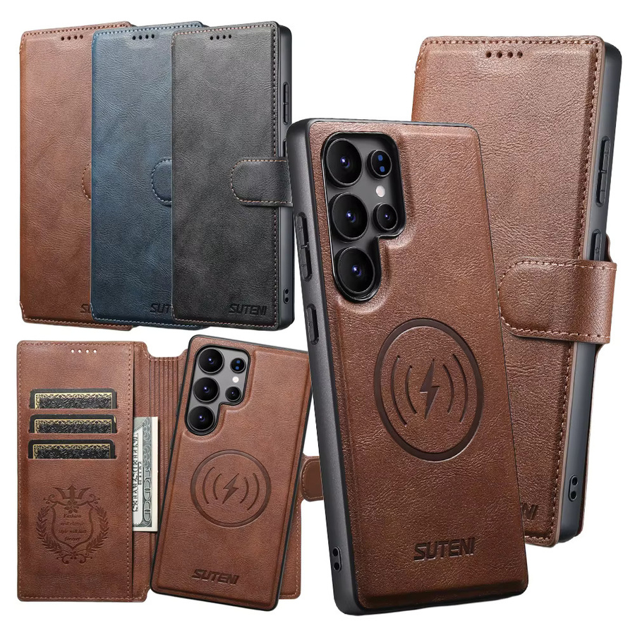 2 in 1 Flip Wallet Case für Samsung Galaxy S25 S24 S23 S22 Ultra mit magnetischem Kartenfach und Wireless Charging Unterstützung in Braun - Bild 3