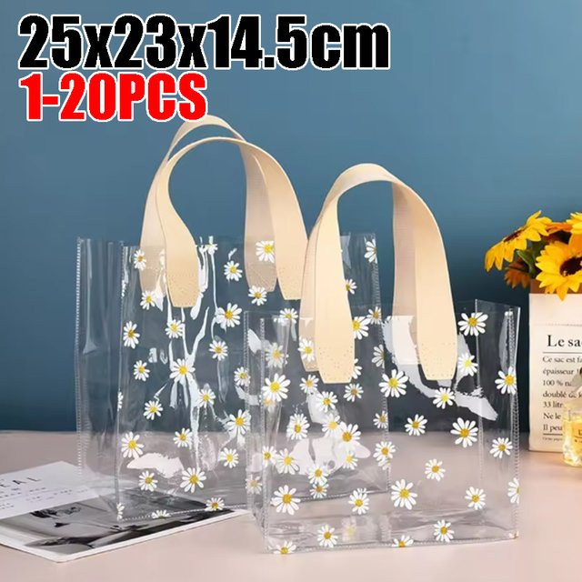 Transparente Gänseblümchen-Geschenktasche aus PVC in Beige für Frauen, Elegante Handtasche für Geburtstage und Partys, B/H/T: 23,0 x 25,0 x 14,5 cm - Bild 1