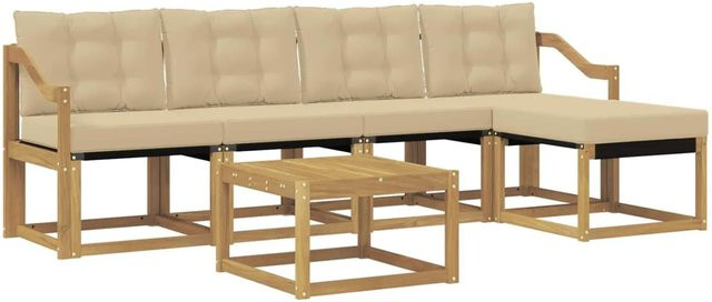 vidaXL Outdoor-Sofagarnitur 6-teilig in L-Form mit Kissen und Couchtisch, Weiß und Beige, Akazienholz und Textilene - Bild 1