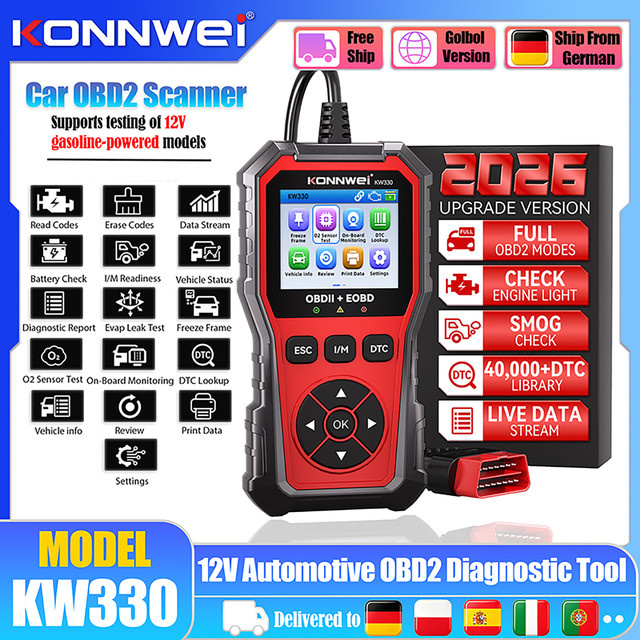 KONNWEI KW330 OBD2 Scanner Auto-Diagnosegerät in Rot zur Fehlercode-Auslesung und Batterieprüfung - Bild 1