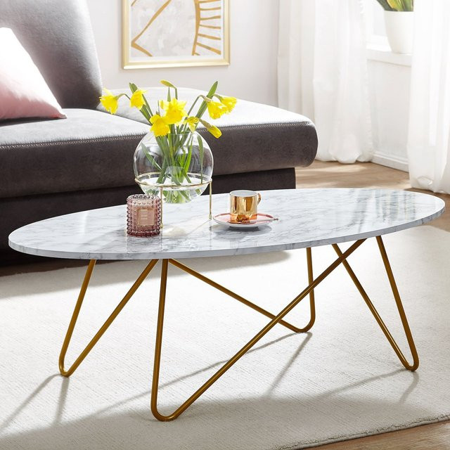 FineBuy Couchtisch in Marmor-Optik Weiß und Gold, oval und modern, B/T/H: 120 x 60 x 40 cm - Bild 1