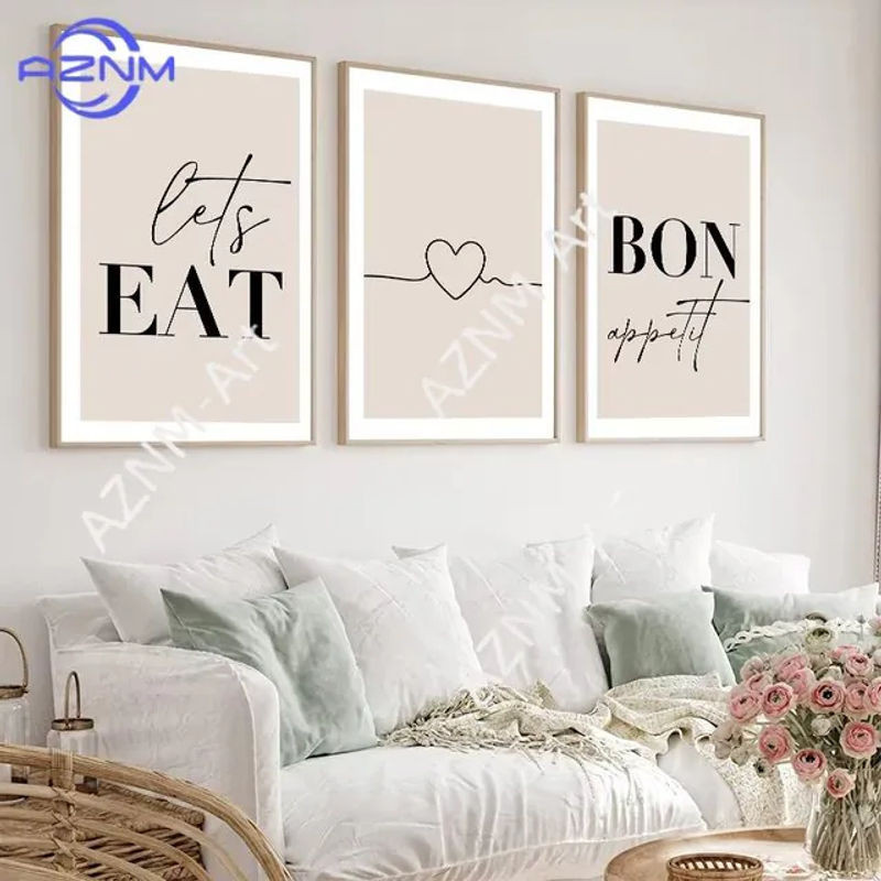 Bon Appetit Let's Eat Küchenposter aus Leinwand von AZNM in Beige mit Typografie und Herz-Motiv für deine Esszimmer-Dekoration - Bild 1