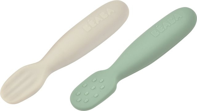 Beaba 2er-Pack Silikon-Esslernlöffel mit kurzem Griff in Grün und Multicolour, spülmaschinenfest - Bild 1