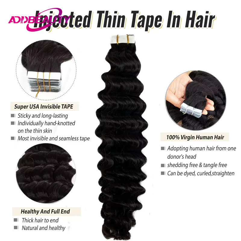 Addbeauty Deep Wave Tape Haarverlängerung, brasilianisches Echthaar, Damen - Bild 2