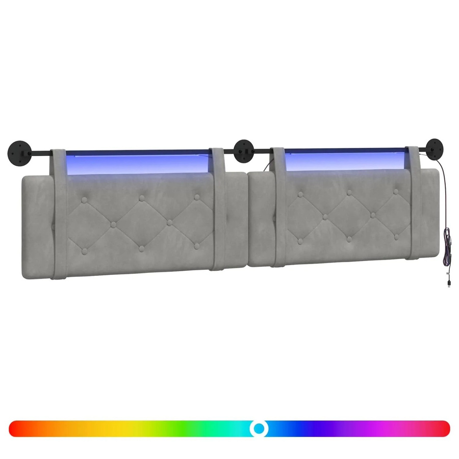 vidaXL Hängendes Kopfteil aus Samt mit integrierter LED-Beleuchtung, Hellgrau, B: 210 cm, H: 55 cm, T: 9,3 cm - Bild 2