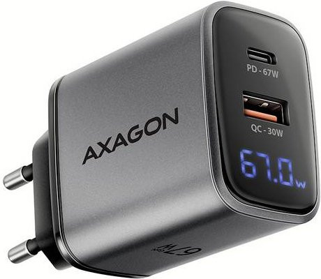 AXAGON GaN USB-Ladegerät mit 67W Leistung, USB-C Power Delivery und USB-A Quick Charge 3.0, Schwarz/Grau - Bild 1
