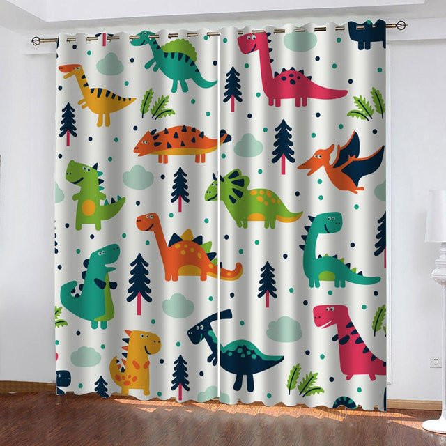 Cartoon Dinosaurier Vorhänge für Kinderzimmer aus Polyester, halbtransparent, Mehrfarbig, Breite: 100 cm, Höhe: 160 cm - Bild 1
