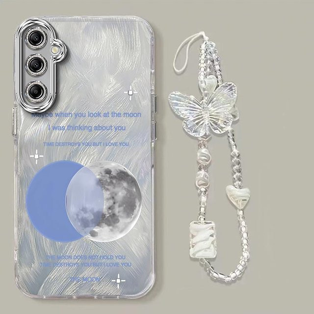Samsung Handyhülle mit hellem Mond-Design und Lanyard für Samsung A16 A14 A13 A12 A11 A10S A06 A04E A04 A03 A03S A02S, Transparent/Silber - Bild 1